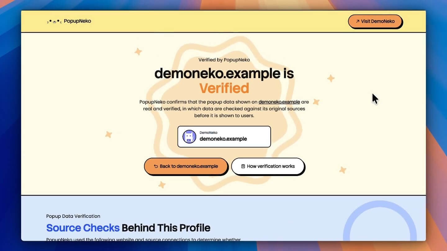 All verified sale popups and review popups are linked to verified merchant profile page on PopupNeko | PopupNeko